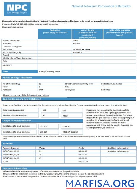 Blank Barbados National Petroleum Corporation of Barbados gas utility bill example
